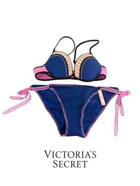 Victoria’s Secret Bikini Set 36B Strappy Top Blue Pink Crochet Bottom NWT
